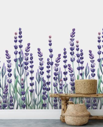 purple and green customisable floral border wallpaper mural called Growing Lavender for bedrooms and bathrooms