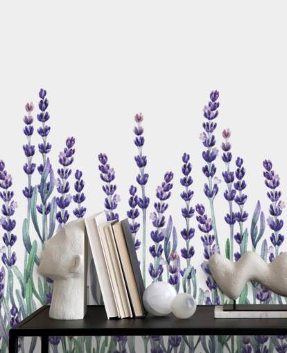 purple and green customisable floral border wallpaper mural called Growing Lavender for bedrooms and bathrooms