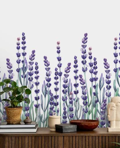 purple and green customisable floral border wallpaper mural called Growing Lavender for bedrooms and bathrooms