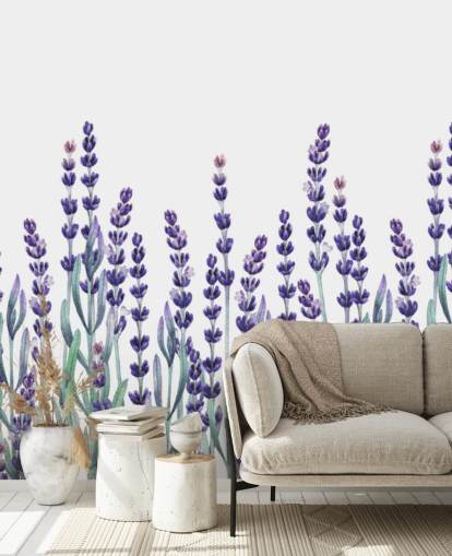 purple and green customisable floral border wallpaper mural called Growing Lavender for bedrooms and bathrooms
