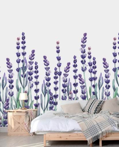 purple and green customisable floral border wallpaper mural called Growing Lavender for bedrooms and bathrooms