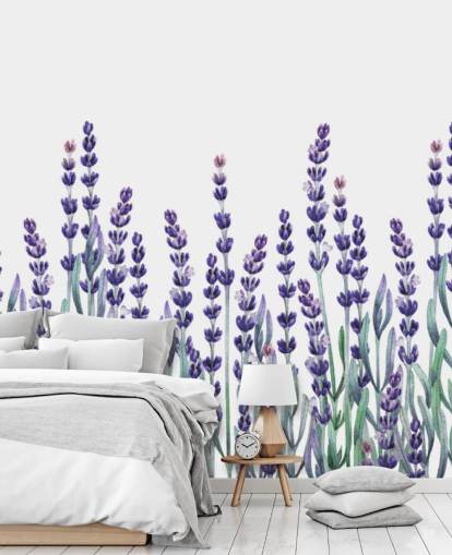 purple and green customisable floral border wallpaper mural called Growing Lavender for bedrooms and bathrooms