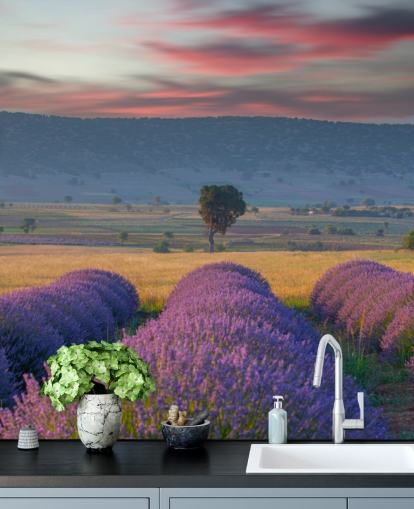customizable countryside wall mural called Lavender Hills for bedrooms and living rooms