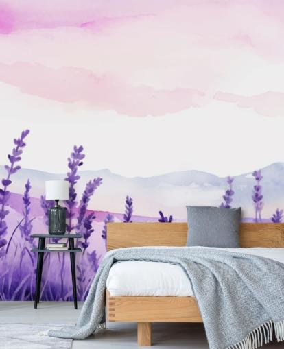 mural de papel de parede em aquarela personalizado roxo e rosa chamado Lavender Drift para quartos