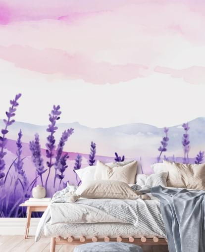 lilla og lyserød brugerdefineret akvarel tapetmaleri kaldet Lavender Drift til soveværelser