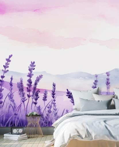 mural de papel pintado de acuarela personalizado morado y rosa llamado Lavender Drift para dormitorios