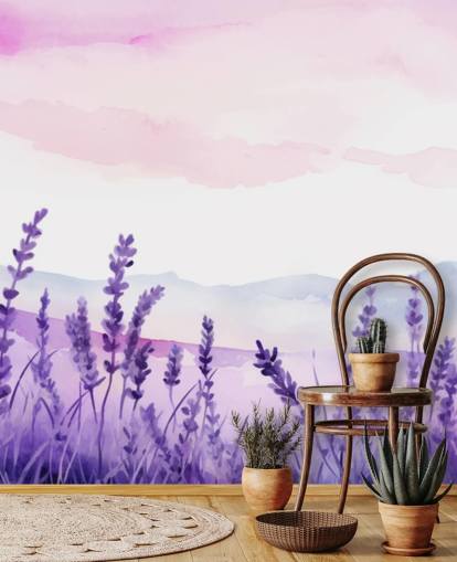 paarse en roze op maat gemaakte aquarelbehangmuurschildering genaamd Lavender Drift voor slaapkamers