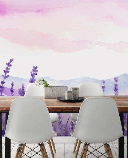 carta da parati murale ad acquerello personalizzata viola e rosa chiamata Lavender Drift per camere da letto