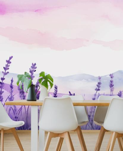 lilla og lyserød brugerdefineret akvarel tapetmaleri kaldet Lavender Drift til soveværelser