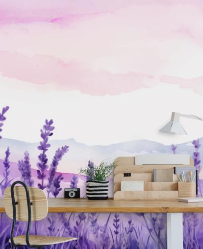 lilla og rosa tilpasset akvarelltapet veggmaleri kalt Lavender Drift for soverom lilla og rosa tilpasset akvarelltapet veggmaleri kalt Lavender Drift for soverom