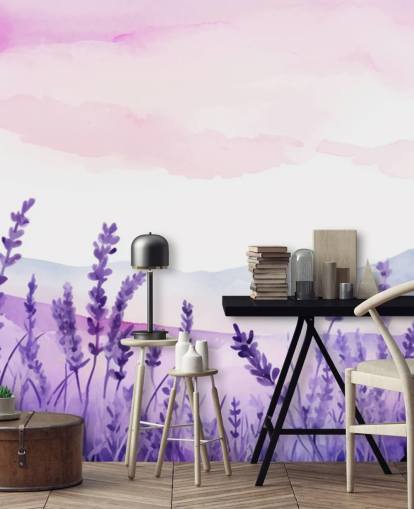 individuelles Aquarell-Tapeten-Wandbild in Lila und Rosa namens Lavender Drift für Schlafzimmer individuelles Aquarell-Tapeten-Wandbild in Lila und Rosa namens Lavender Drift für Schlafzimmer