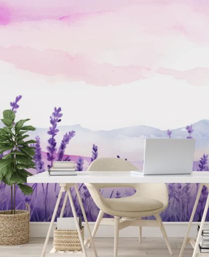 mural de papel pintado de acuarela personalizado morado y rosa llamado Lavender Drift para dormitorios