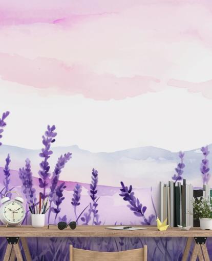 mural de papel pintado de acuarela personalizado morado y rosa llamado Lavender Drift para dormitorios