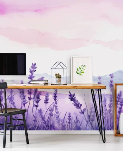 papier peint aquarelle personnalisé violet et rose appelé Lavender Drift pour chambres