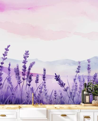 carta da parati murale ad acquerello personalizzata viola e rosa chiamata Lavender Drift per camere da letto