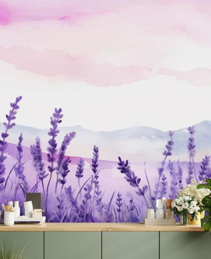 mural de papel de parede em aquarela personalizado roxo e rosa chamado Lavender Drift para quartos mural de papel de parede em aquarela personalizado roxo e rosa chamado Lavender Drift para quartos