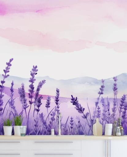 purple and pink custom watercolor wallpaper mural called Lavender Drift for bedrooms