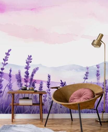 lila och rosa anpassad akvarell tapetväggmålning som heter Lavender Drift för sovrum