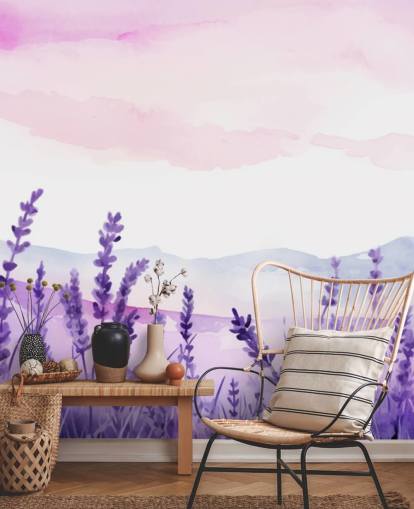 purple and pink custom watercolor wallpaper mural called Lavender Drift for bedrooms