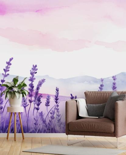 papier peint aquarelle personnalisé violet et rose appelé Lavender Drift pour chambres