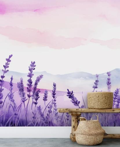 carta da parati murale ad acquerello personalizzata viola e rosa chiamata Lavender Drift per camere da letto