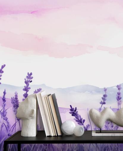 individuelles Aquarell-Tapeten-Wandbild in Lila und Rosa namens Lavender Drift für Schlafzimmer