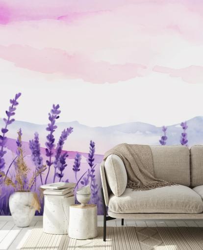 purple and pink custom watercolor wallpaper mural called Lavender Drift for bedrooms