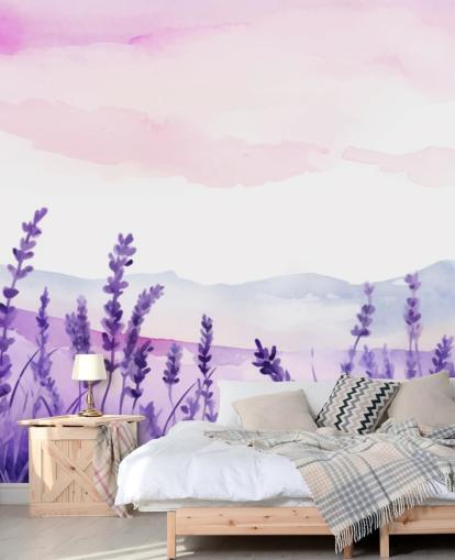 individuelles Aquarell-Tapeten-Wandbild in Lila und Rosa namens Lavender Drift für Schlafzimmer individuelles Aquarell-Tapeten-Wandbild in Lila und Rosa namens Lavender Drift für Schlafzimmer