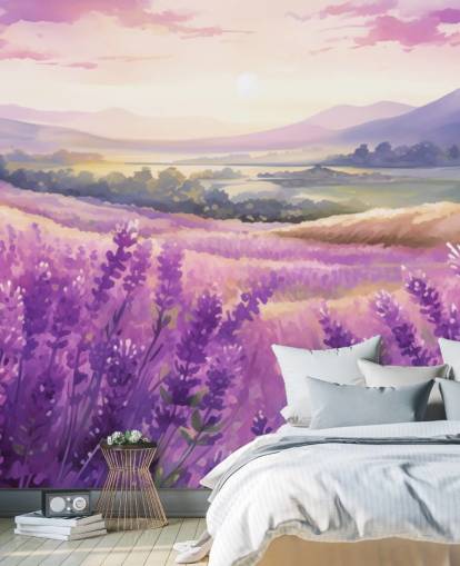 mural de pared en acuarela personalizable de color morado llamado Lavender Watercolour Sunset para dormitorios y pasillos