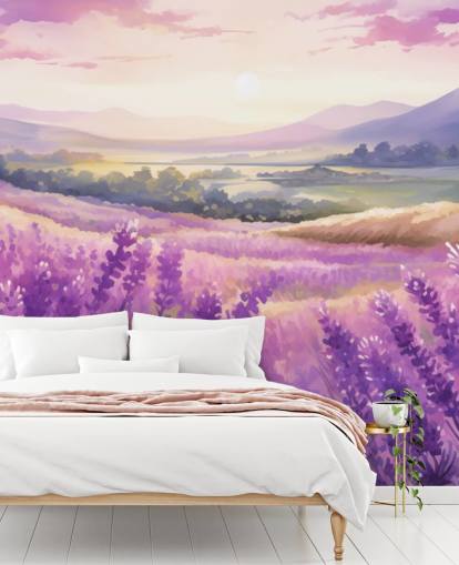 lilla tilpasselig akvarel vægmaleri kaldet Lavender Watercolor Sunset til soveværelser og gange