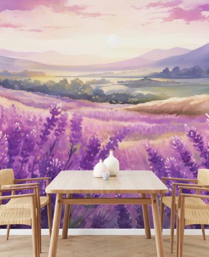 Violettes personalisierbares Aquarell-Wandbild namens Lavender Watercolour Sunset für Schlafzimmer und Flure