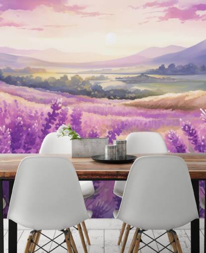 mural de parede em aquarela roxa personalizável chamado Lavender Watercolour Sunset para quartos e corredores