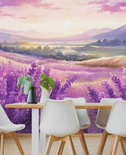 murale ad acquerello viola personalizzabile chiamato Lavender Watercolour Sunset per camere da letto e corridoi