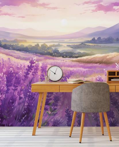 lila anpassningsbar akvarell väggmålning som heter Lavender Watercolour Sunset för sovrum och korridorer