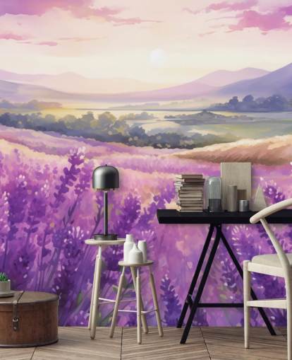 paarse aanpasbare aquarel muurschildering genaamd Lavender Watercolour Sunset voor slaapkamers en gangen paarse aanpasbare aquarel muurschildering genaamd Lavender Watercolour Sunset voor slaapkamers en gangen