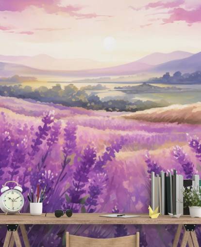 paarse aanpasbare aquarel muurschildering genaamd Lavender Watercolour Sunset voor slaapkamers en gangen