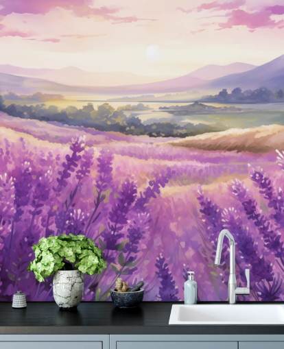 purple customisable watercolour wall mural called Lavender Watercolour Sunset for bedrooms and hallways