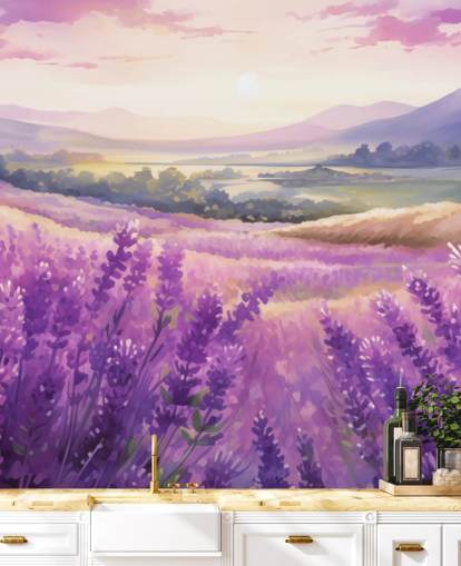violetti räätälöitävä vesivärimaalaus nimeltä Lavender Watercolour Sunset makuuhuoneisiin ja käytäviin