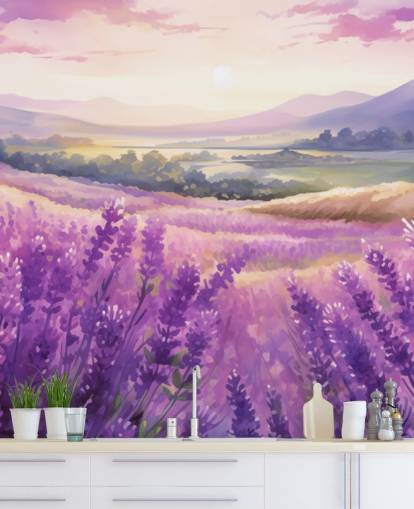 violetti räätälöitävä vesivärimaalaus nimeltä Lavender Watercolour Sunset makuuhuoneisiin ja käytäviin
