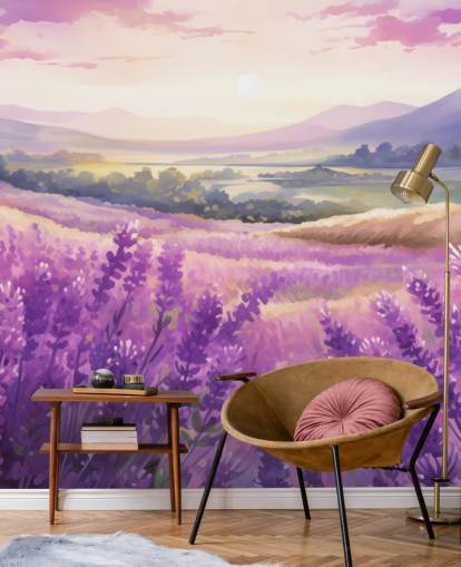mural de pared en acuarela personalizable de color morado llamado Lavender Watercolour Sunset para dormitorios y pasillos
