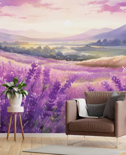 purple customizable watercolor wall mural called Lavender Watercolor Sunset for bedrooms and hallways