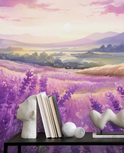 mural de pared en acuarela personalizable de color morado llamado Lavender Watercolour Sunset para dormitorios y pasillos