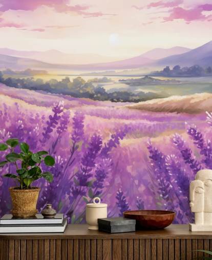 mural de pared en acuarela personalizable de color morado llamado Lavender Watercolour Sunset para dormitorios y pasillos