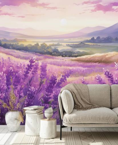 lilla tilpassbar akvarell veggmaleri kalt Lavender Watercolor Sunset for soverom og ganger