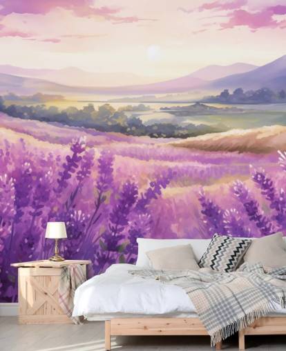 mural de pared en acuarela personalizable de color morado llamado Lavender Watercolour Sunset para dormitorios y pasillos