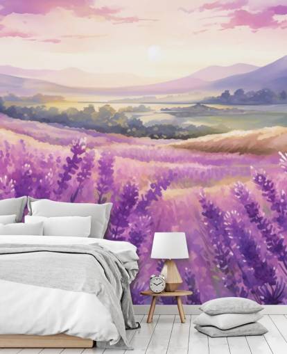 mural de pared en acuarela personalizable de color morado llamado Lavender Watercolour Sunset para dormitorios y pasillos