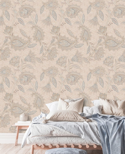 mural de papel pintado bohemio personalizable de color beige llamado Beige Boho Floral Paisley de Bloomery Decor