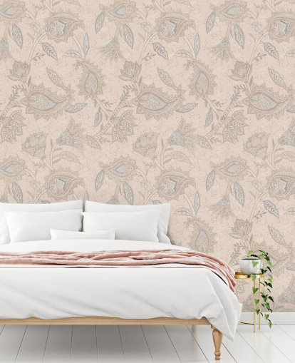 carta da parati murale beige personalizzabile chiamata Beige Boho Floral Paisley di Bloomery Decor