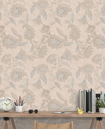 mural de papel de parede boho personalizável bege chamado Beige Boho Floral Paisley da Bloomery Decor