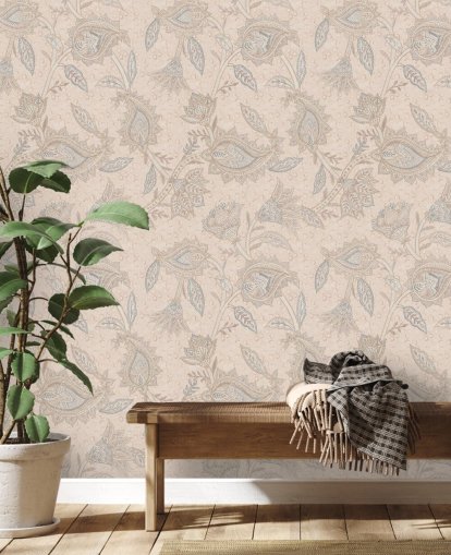 mural de papel pintado bohemio personalizable de color beige llamado Beige Boho Floral Paisley de Bloomery Decor